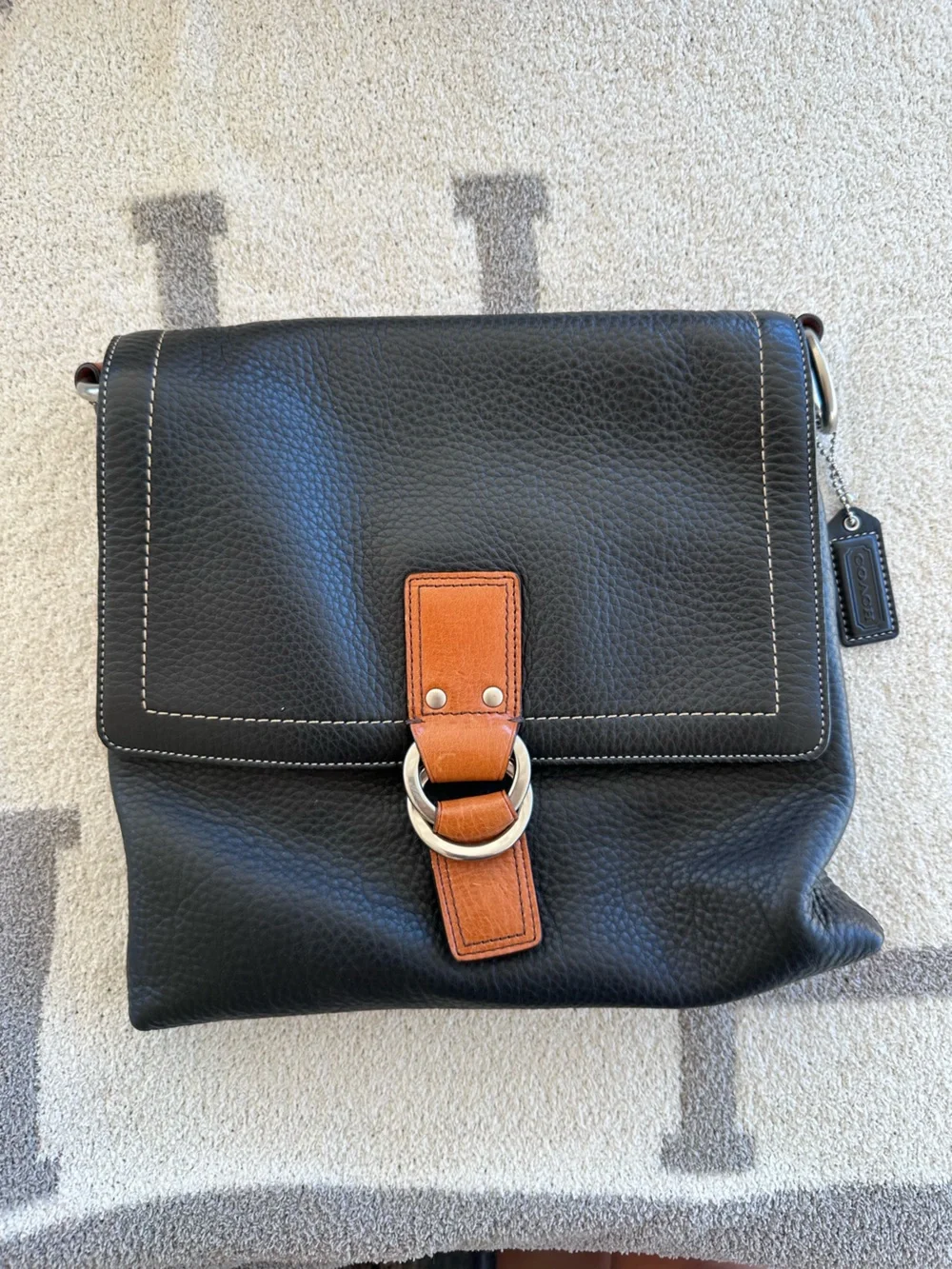 Coach Black Pebbled Leather Shoulder Bag with Tan Accent y2k